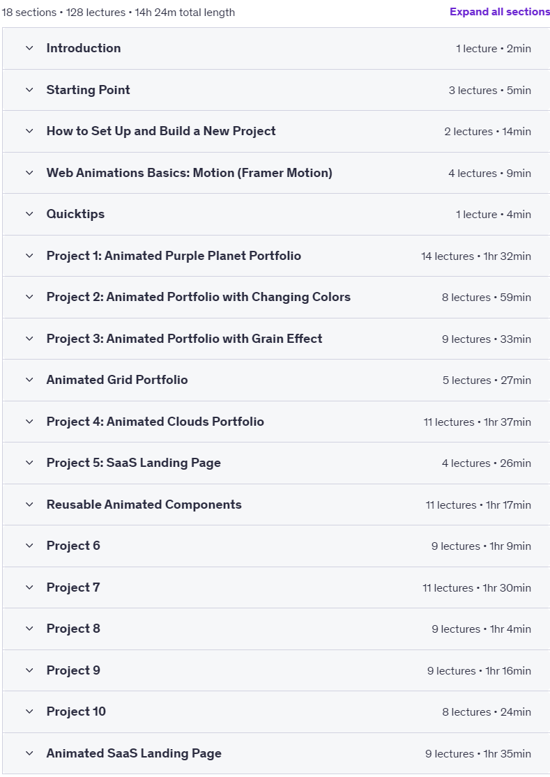 Course topics · Udemy — Build 6+ Animated Websites: Framer-Motion,TailwindCSS,NextJs 2025-2