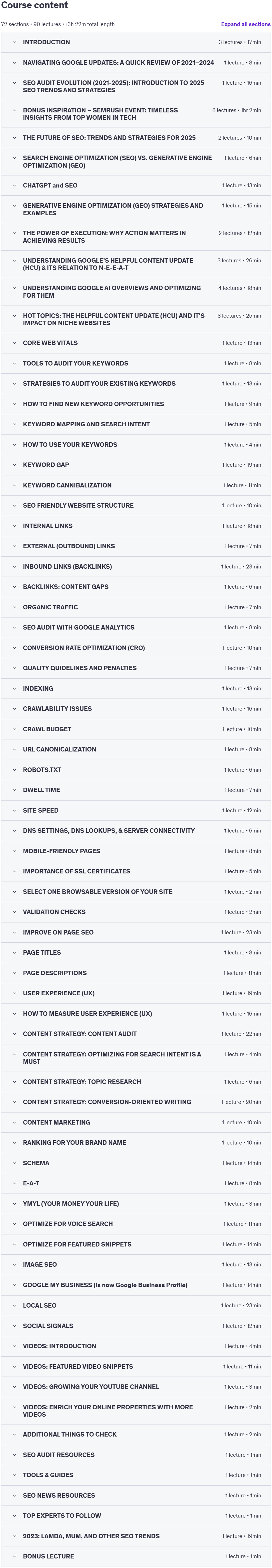 Course topics · SEO AUDIT MASTERCLASS: How to do a Manual SEO Audit in 2025 2025-1