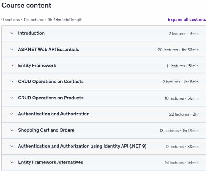 Course topics · Udemy — Build Secure Web API For E-Commerce using ASP.NET Core 2025-3