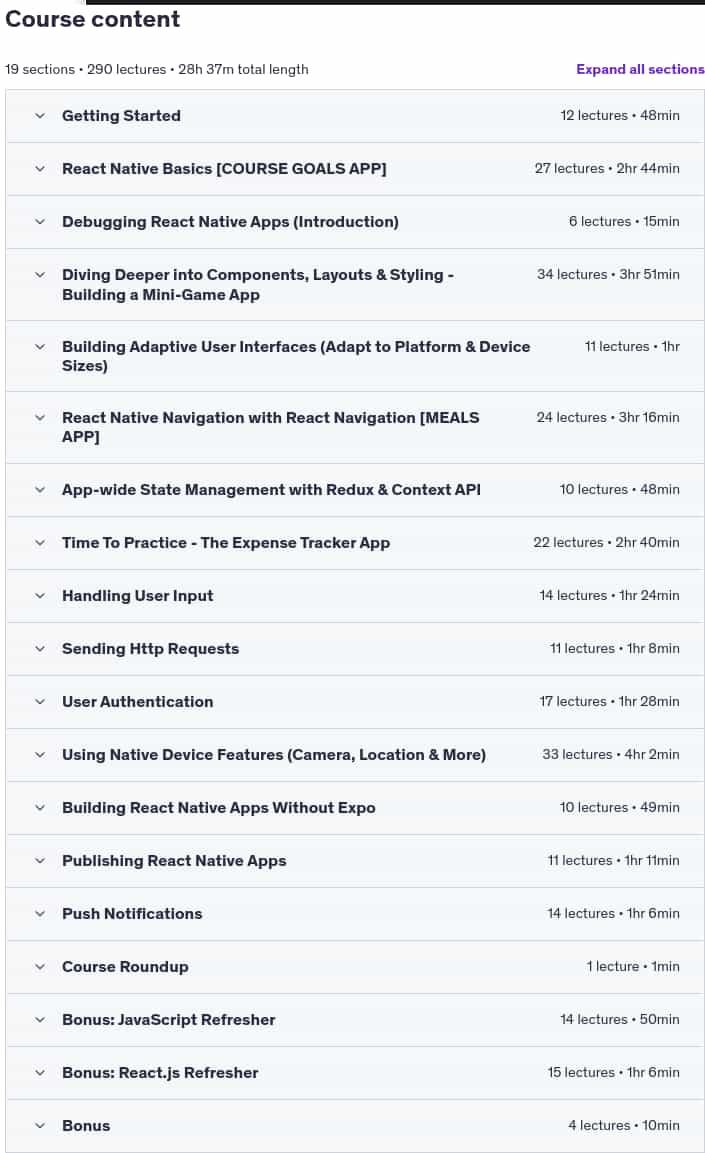 Course topics · React Native – The Practical Guide [2025] 2025-4