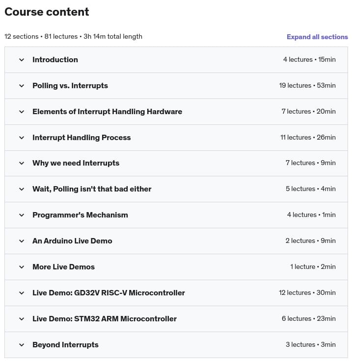 Course topics · Udemy — Beyond Arduino, Pt 3: Interrupt Driven Embedded Applications 2019-10