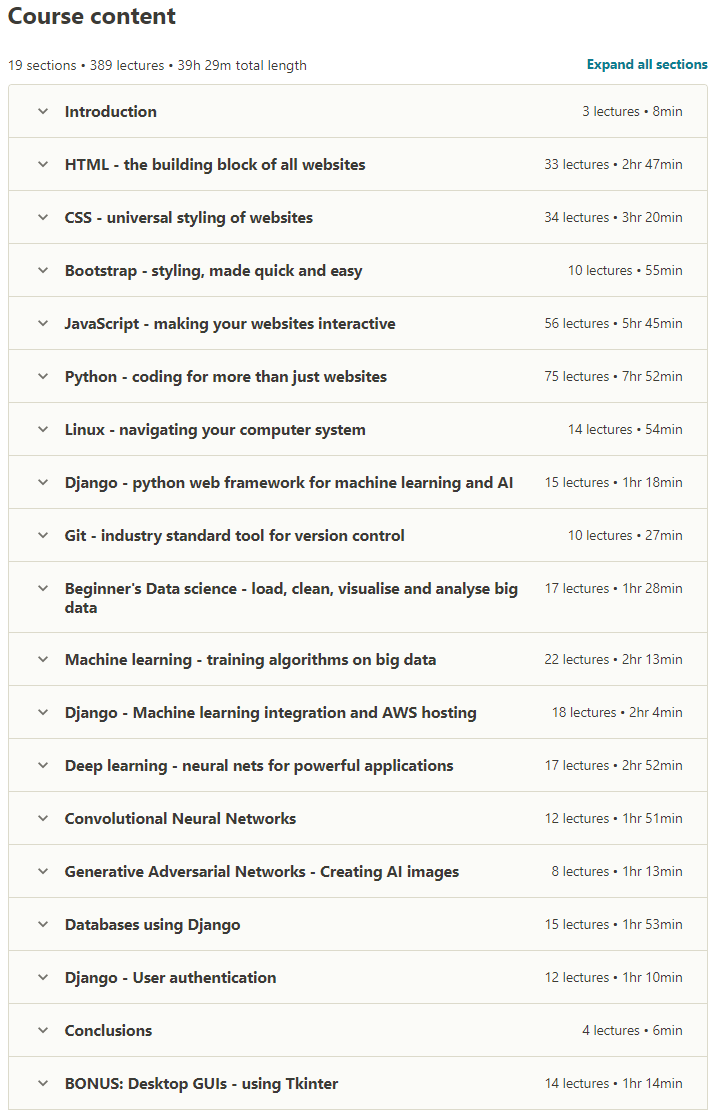 Course topics · Full stack web development and AI with Python (Django) 2020-5