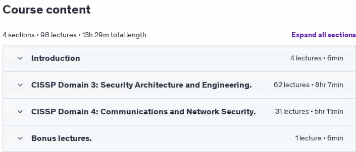 Course topics · Udemy — CISSP Certification: CISSP Domain 3 & 4 Boot Camp 2025 Exam 2025-1