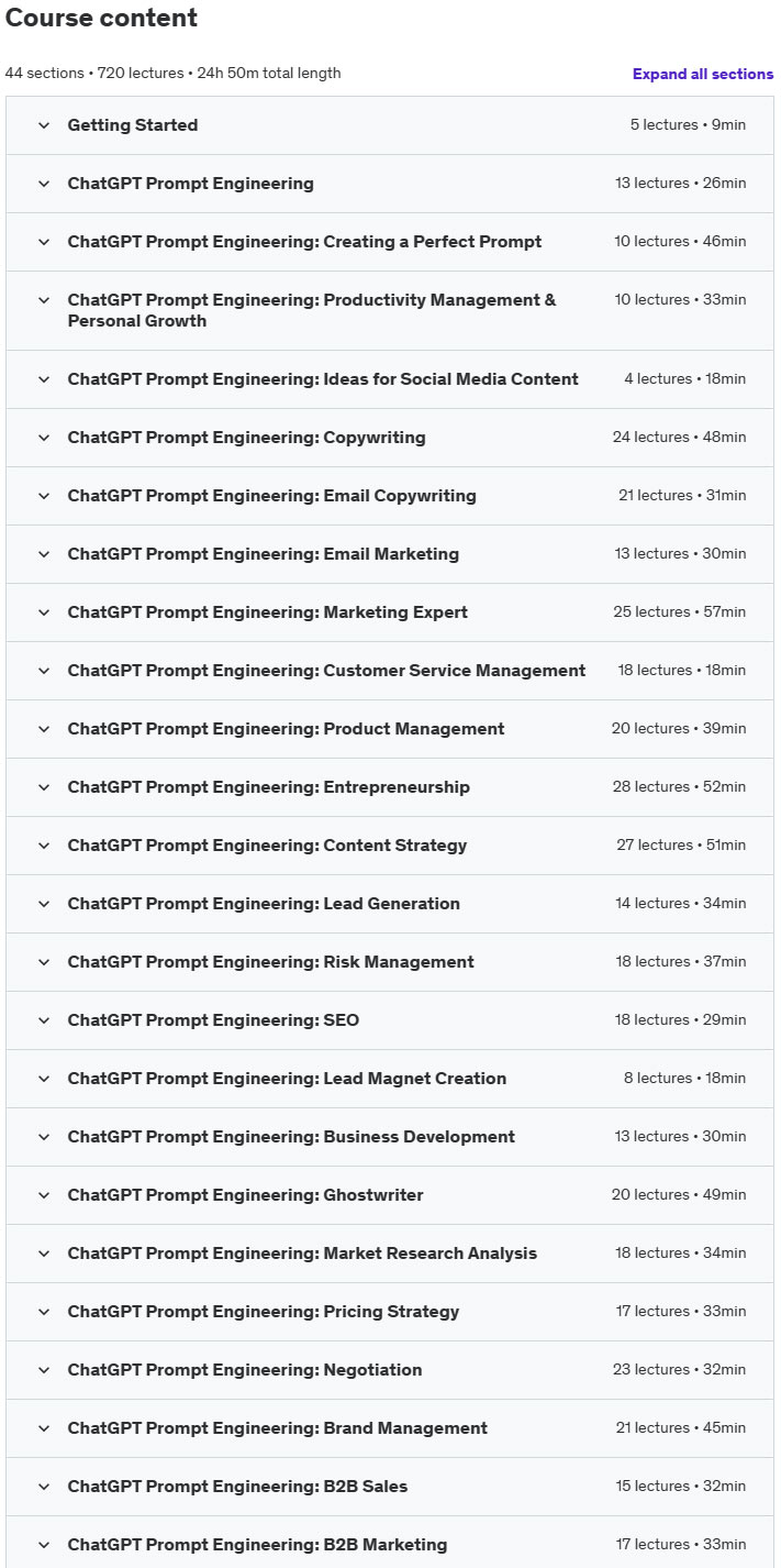 Course topics · Udemy — ChatGPT Prompt Engineering: 70,000+ Prompts | Generative AI 2024-11