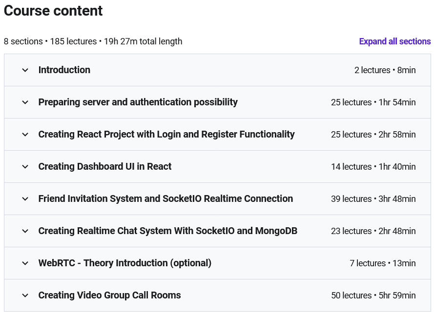 Course topics · Udemy — Discord Clone – Learn MERN Stack with WebRTC and SocketIO 2022-1
