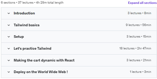 Course topics · Udemy — Tailwind CSS (+ React) – The beginner guide (2024 edition) 2023-10
