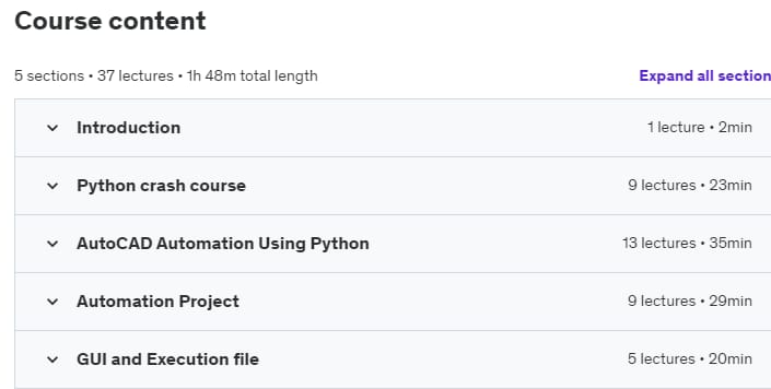 Course topics · Udemy — Learn Automation of AutoCAD using python 2022-11