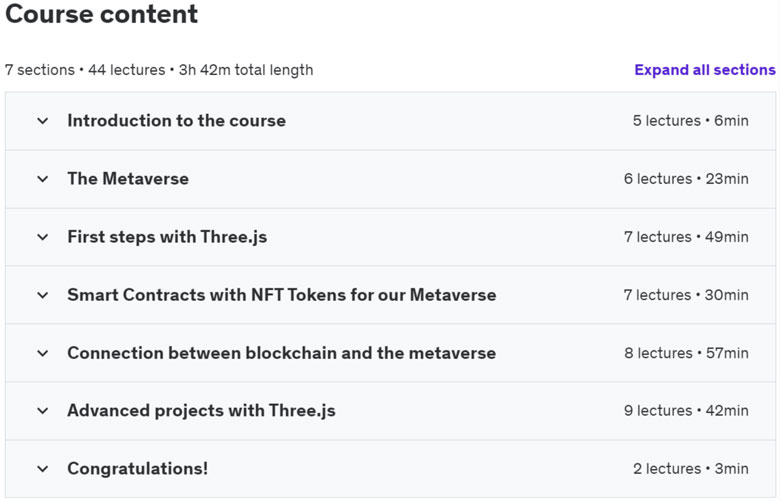 Course topics · Udemy — Create a Metaverse using Three.js, Solidity and NFT Tokens 2022-4