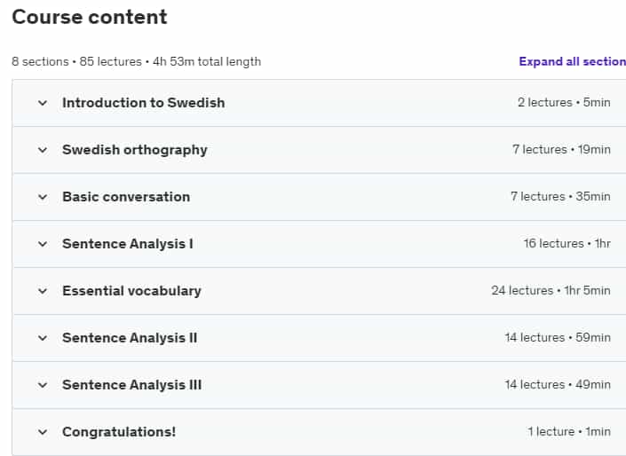 Course topics · Udemy — Learn Swedish – Beginner to Advanced 2024-8