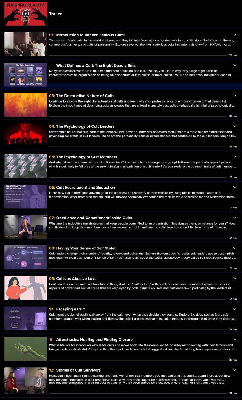 Course topics · The Great Courses Plus – Warping Reality: Inside the Psychology of Cults 2024-10