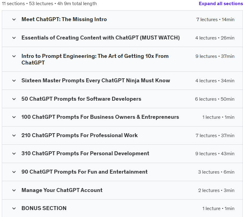 Course topics · ChatGPT Secrets: Beginner to ChatGPT Ninja w/ 700+ Prompts 2023-3