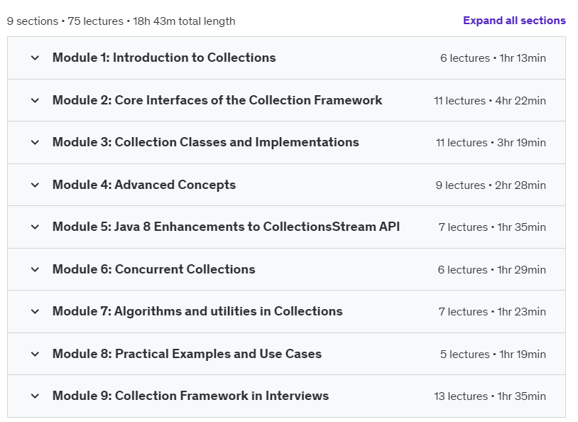 Course topics · Java Collections Framework: Core, Advanced & Interview Prep 2024-11