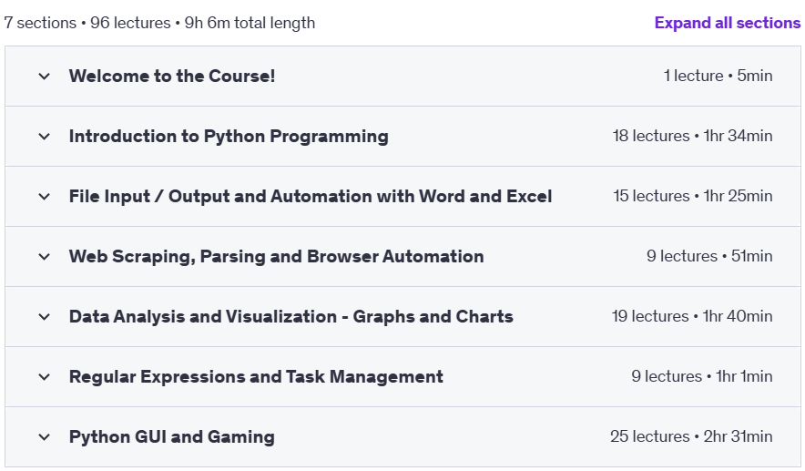 Course topics · Udemy — The Complete Python Programming Bootcamp 2018-7