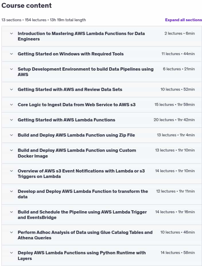 Course topics · Master AWS Lambda Functions for Data Engineers using Python 2024-12