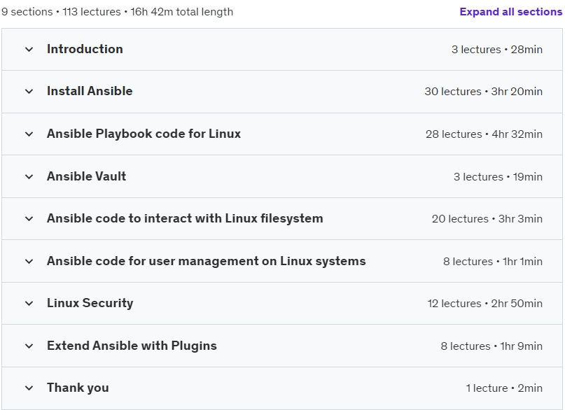 Course topics · Automate Linux SysAdmin tasks with Ansible in 100+ examples 2023-7
