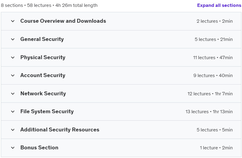 Course topics · Udemy — Linux Security and Hardening, The Practical Security Guide. 2024-2