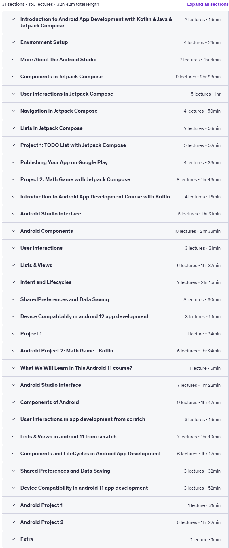 Course topics · Udemy — Android App Development with Kotlin & Java & Jetpack Compose 2025-5