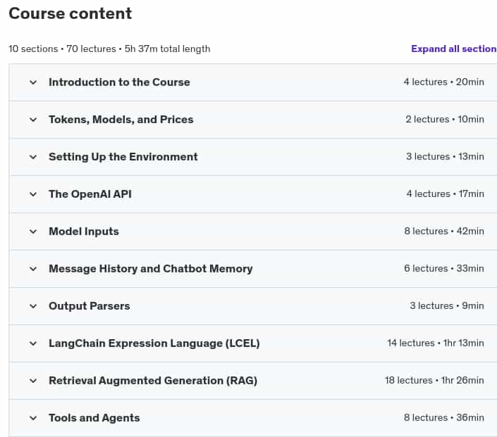 Course topics · Udemy — Build Chat Applications with OpenAI and LangChain 2024-9