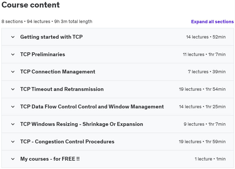 Course topics · Udemy — Master Class : TCP/IP Mechanics from Scratch to Expert 2021-6