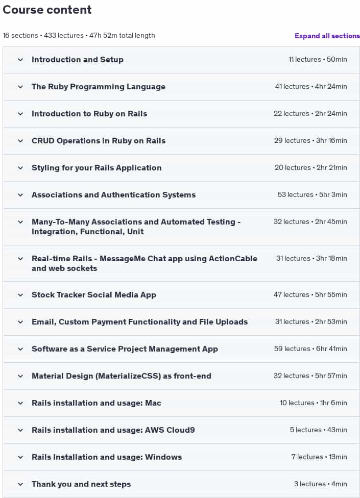 Course topics · Udemy — The Complete Ruby on Rails Developer Course 2025-3