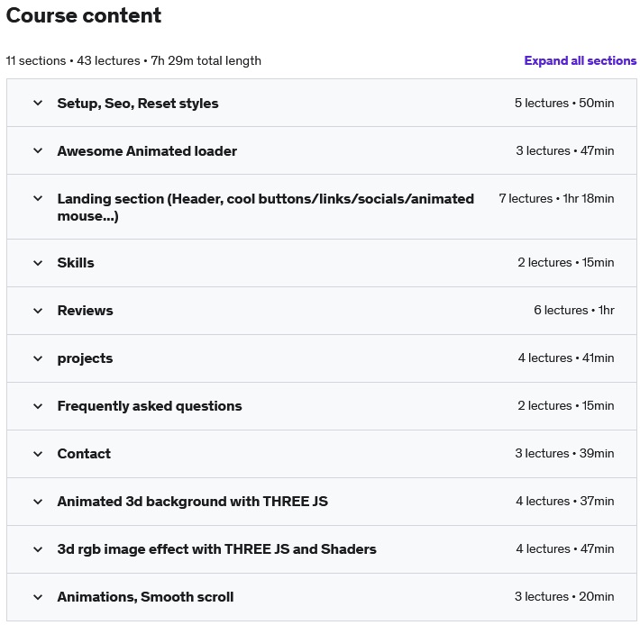 Course topics · Udemy — Build a Modern/Creative portfolio html css js three js 2022-6