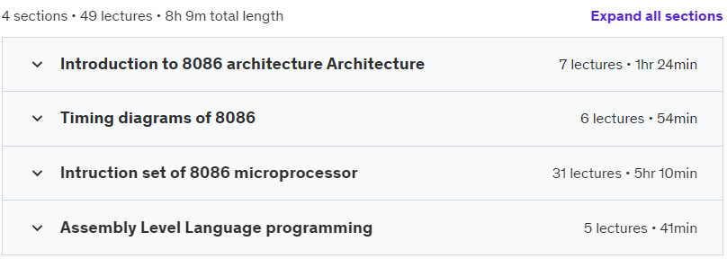 Course topics · Udemy — Mastering 8086 Microprocessor and Assembly language Programs 2024-1
