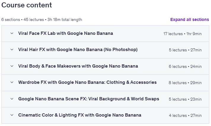 Course topics · Google Nano Banana Viral Image FX: The Photoshop Killer 2025-9