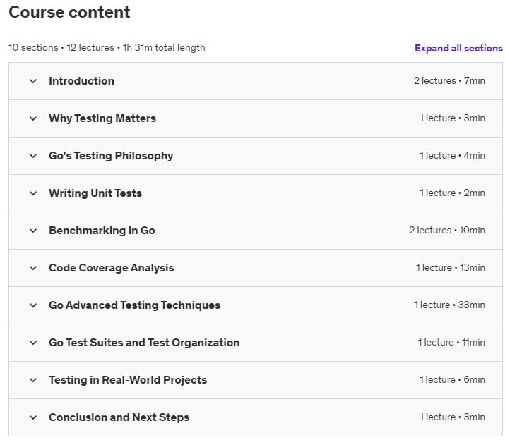 Course topics · Udemy — Mastering Go Testing: Comprehensive Guide to Testing in Go 2023-11