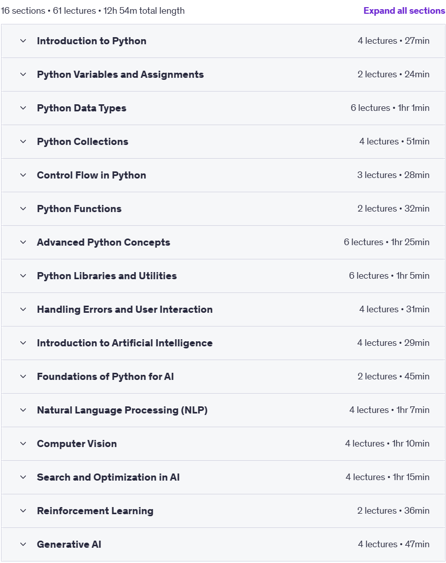 Course topics · Udemy — From Python Basics to AI: Learn to Code & Build AI 2025-2