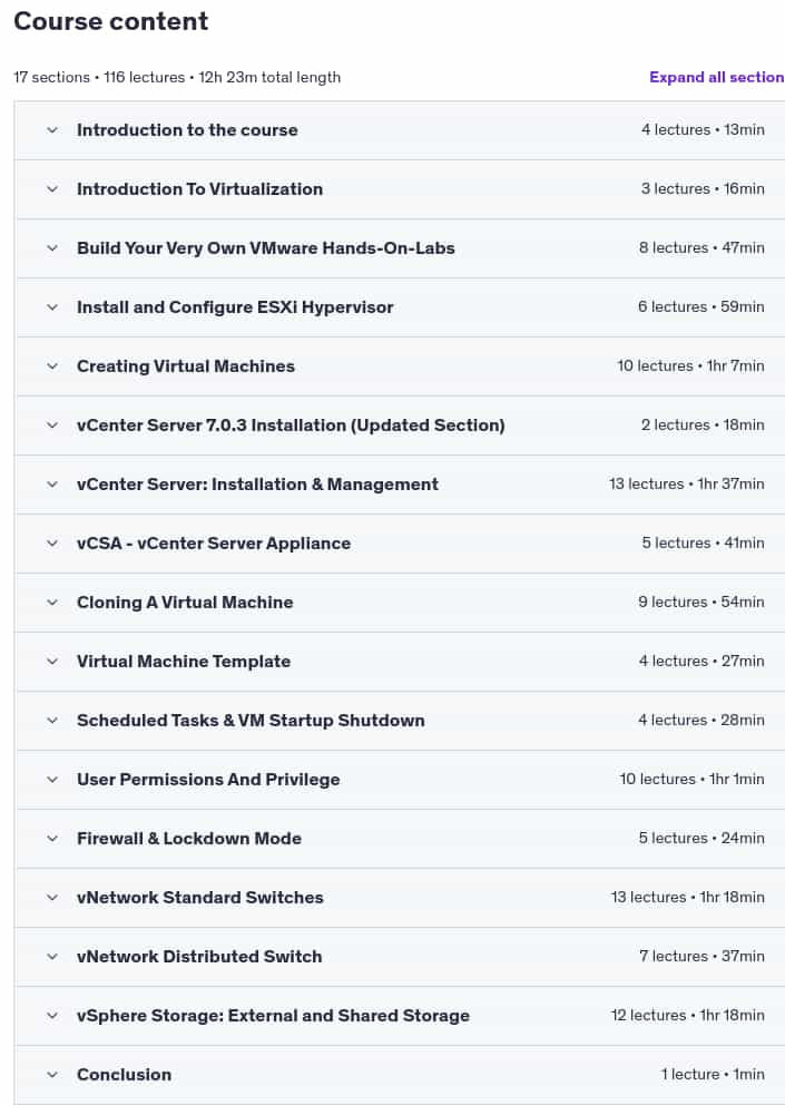 Course topics · Udemy — VMware vSphere Masterclass 1/2: ESXi & vCenter Fundamentals 2024-11