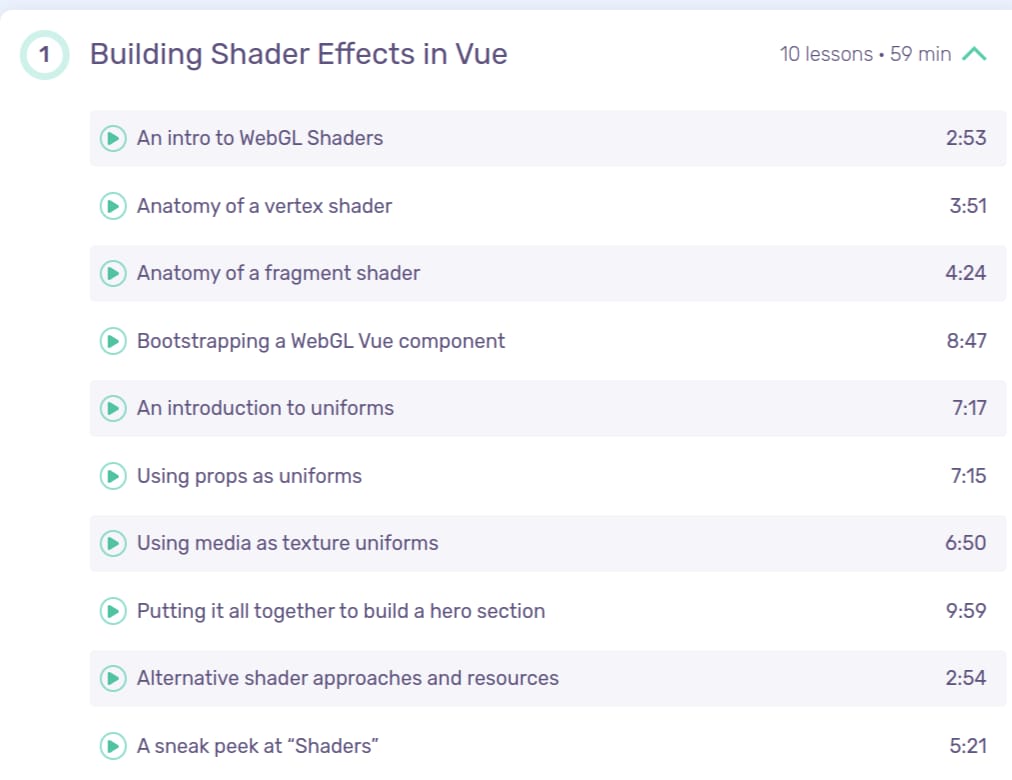 Course topics · Vueschool – Building Shader Effects in Vue 2025-7
