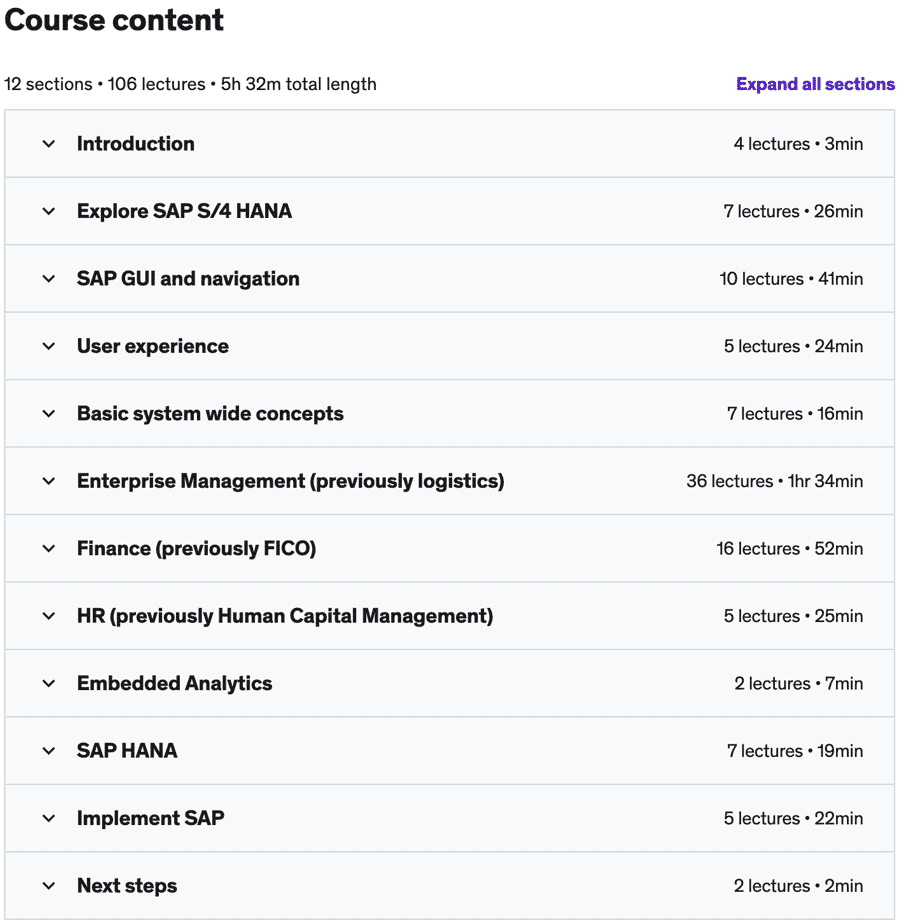 Course topics · Udemy — The Complete SAP S/4HANA Bootcamp 2023 2022-4