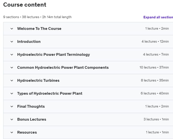 Course topics · Udemy — Introduction to Hydroelectric Power Plant Engineering 2020-9