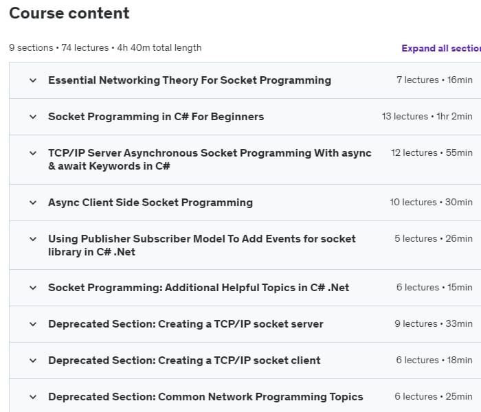 Course topics · Udemy — TCP/IP Socket Programming in C# .Net For Coders & Students 2023-4