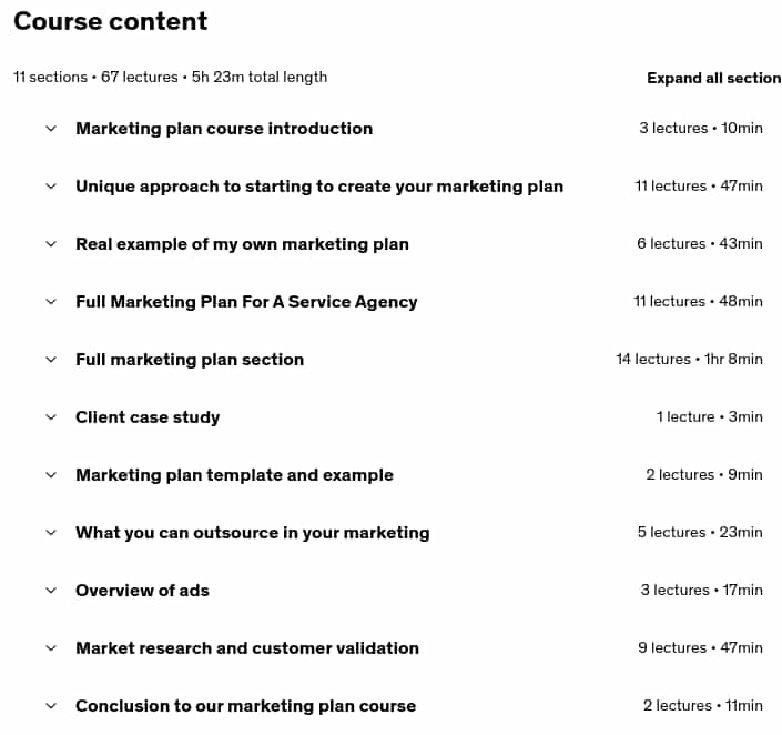 Course topics · Udemy — Strong & Effective Marketing Plan (Plan Template & Example) 2025-7