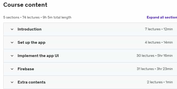 Course topics · Udemy — Flutter 2.2 & Firebase, build a complete app from scratch 2021-8