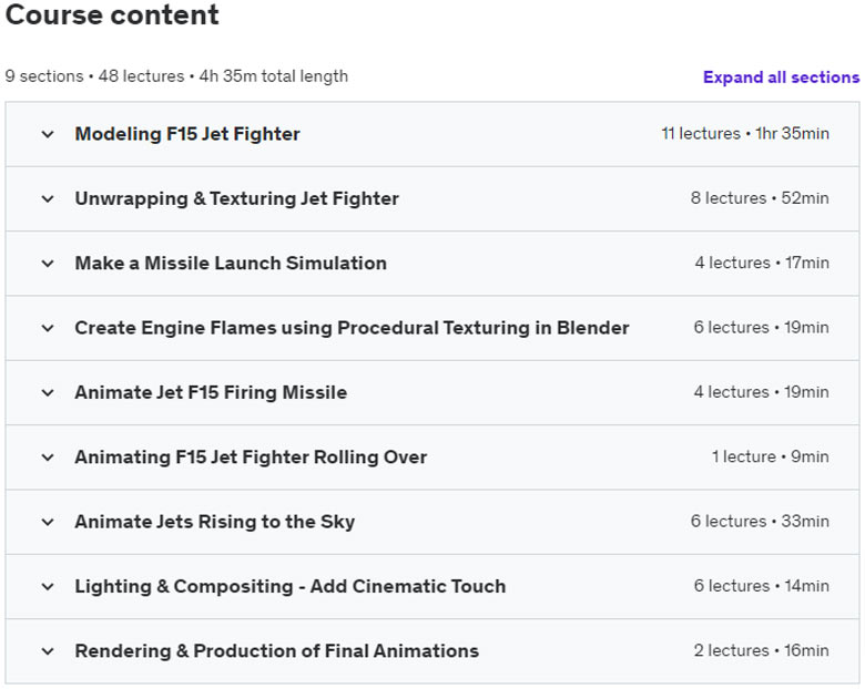 Course topics · Make a Cinematic Jet Fighter Animation In Blender 2023-11