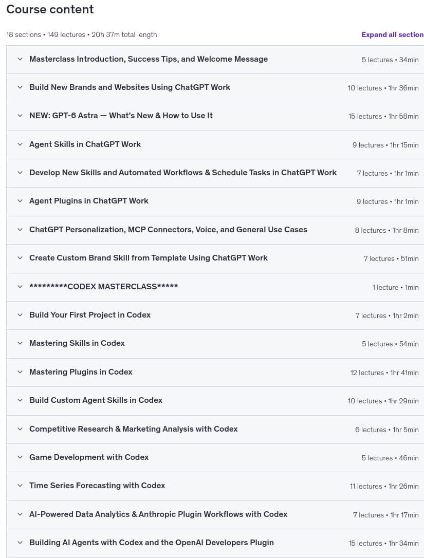 Course topics · ChatGPT Work, GPT-6 Astra, and Codex Masterclass [2026] 2026-9