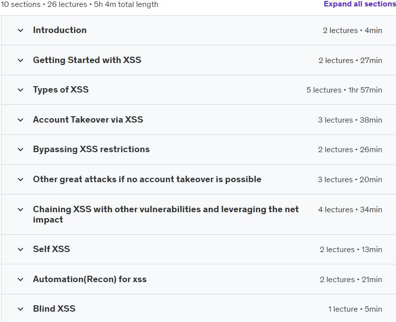 Course topics · Udemy — Master XSS(Cross Site Scripting) for real world Applications 2023-6
