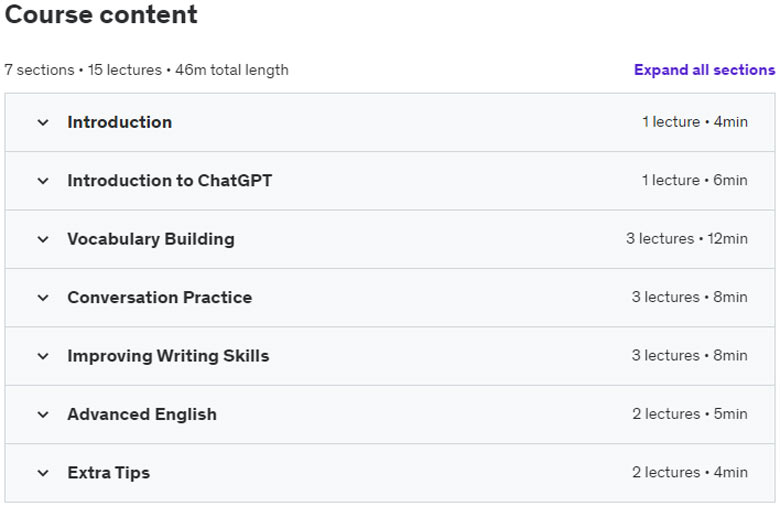 Course topics · Learn English with ChatGPT: Beginner to Advanced 2023-7