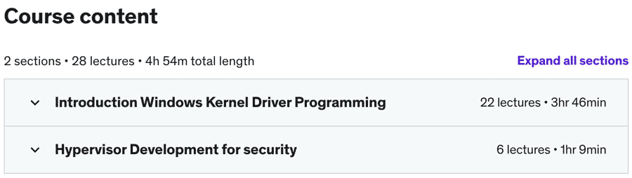 Course topics · Udemy — Windows Kernel Defense and Hacking for beginners to experts 2020-3