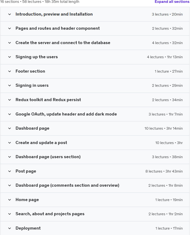 Course topics · Udemy — Full stack MERN Blog Project: MERN Stack Blog with Dashboard 2023-12