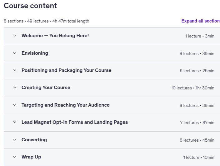 Course topics · Udemy — Build a Six-Figure Online Business Selling Online Courses 2023-2