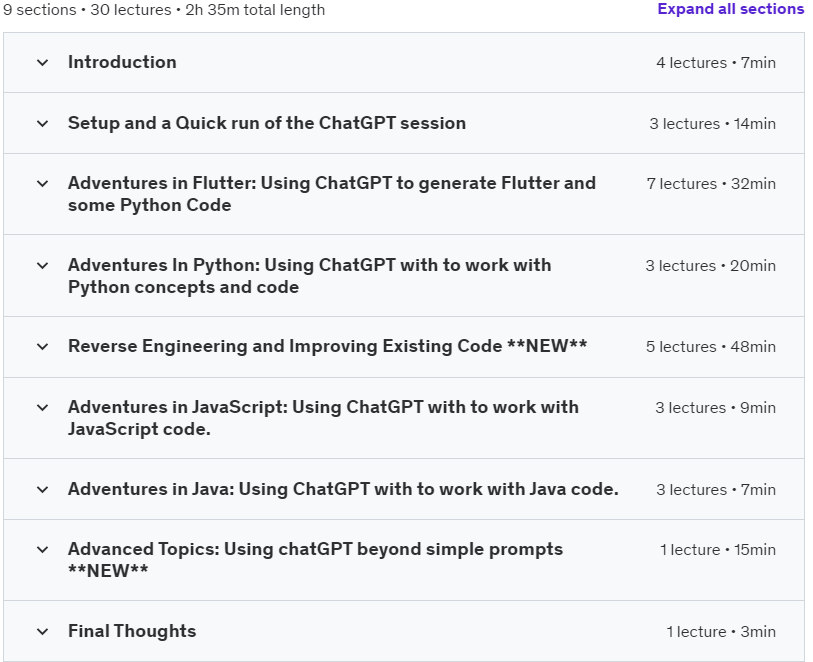 Course topics · Udemy — ChatGPT 2023: Code and Debug 10X Better, Faster, Stronger 2023-2