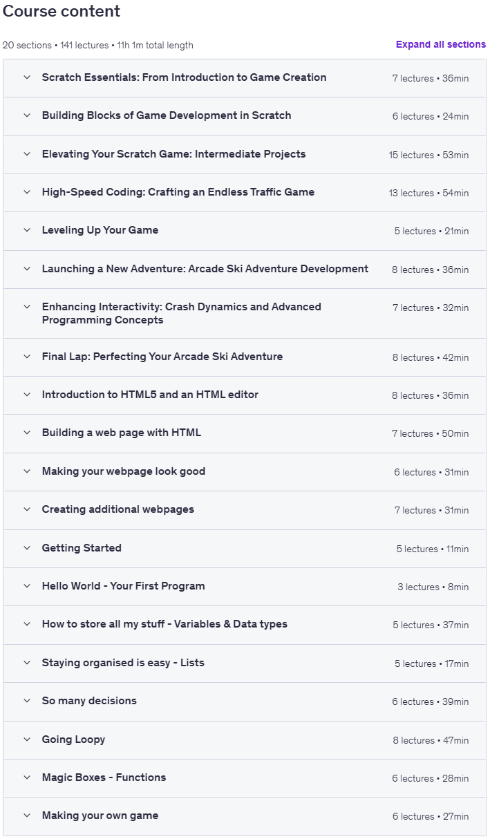 Course topics · Udemy — Coding for Kids: Code in Scratch, HTML, Python & AI + More 2025-6