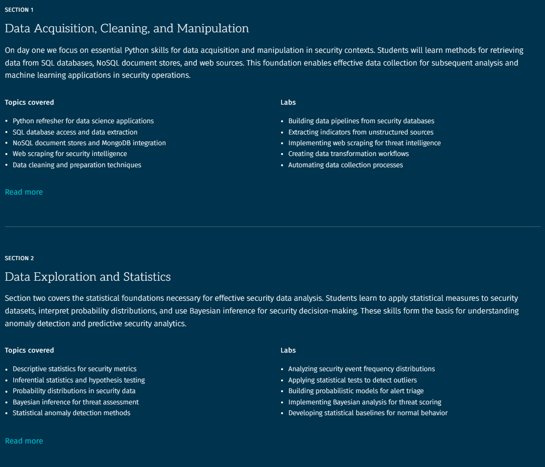 Course topics · SANS — SEC595: Applied Data Science and AI/Machine Learning for Cybersecurity Professionals 2022-6