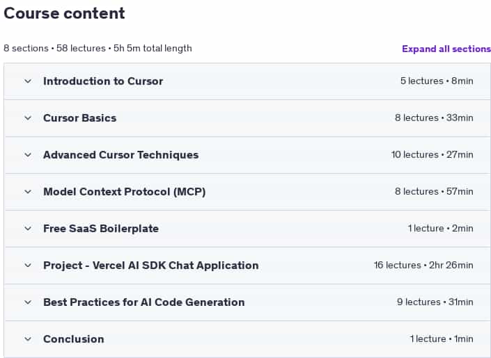 Course topics · Udemy — Cursor Course: MCP | Full Stack | Free SaaS Boilerplate 2025-3