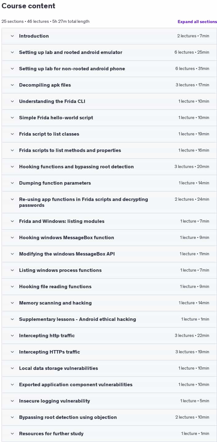 Course topics · Reverse Engineering: Frida for Beginners 2024-12