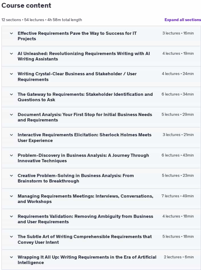 Course topics · Udemy — How to Elicit, Write, and Analyze Requirements in the AI Era 2024-8