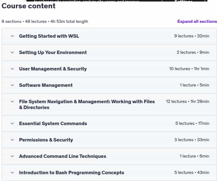 Course topics · Udemy — Linux & Unix Fundamentals with WSL 2025-8